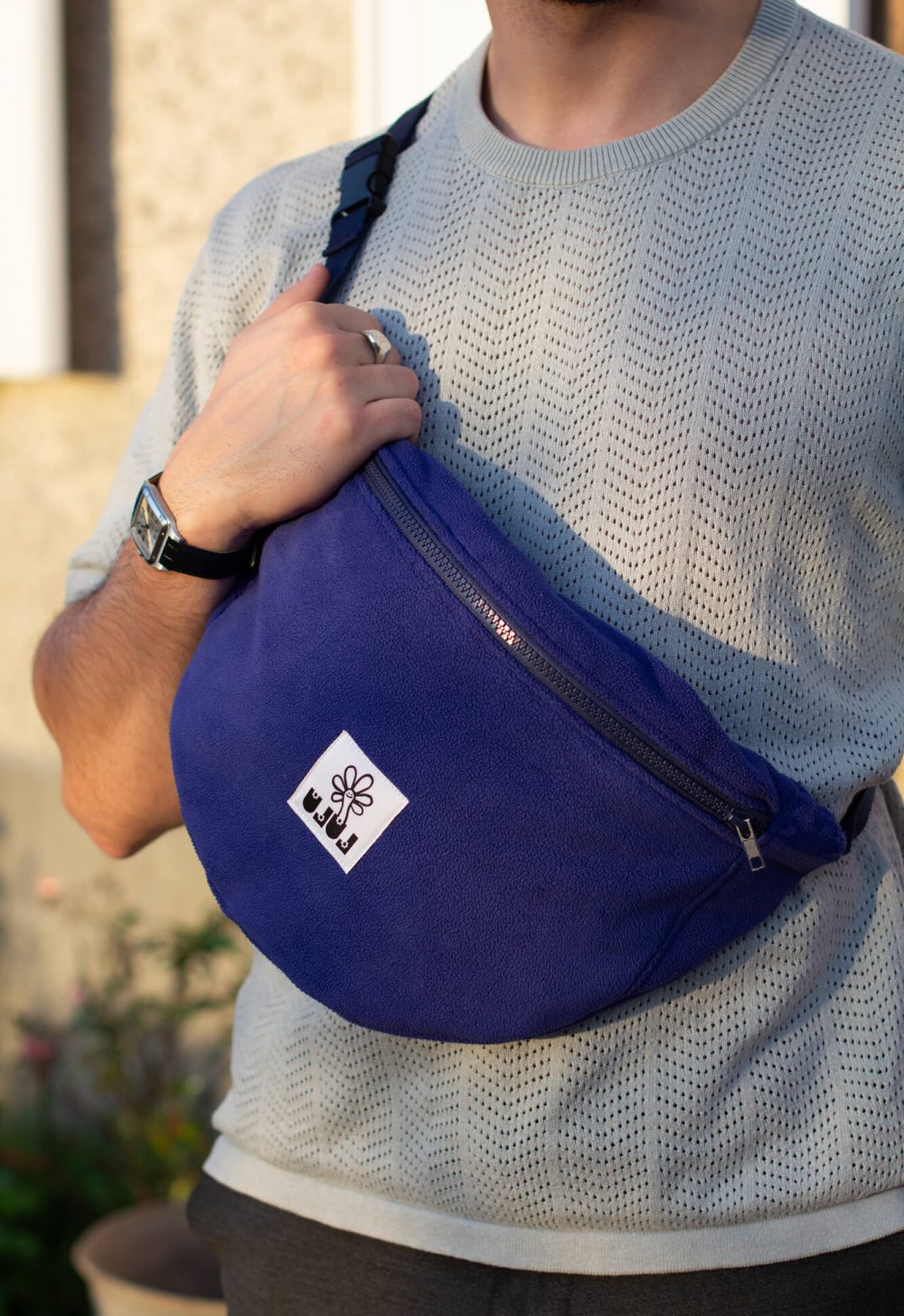 Grand sac banane polaire bleu
