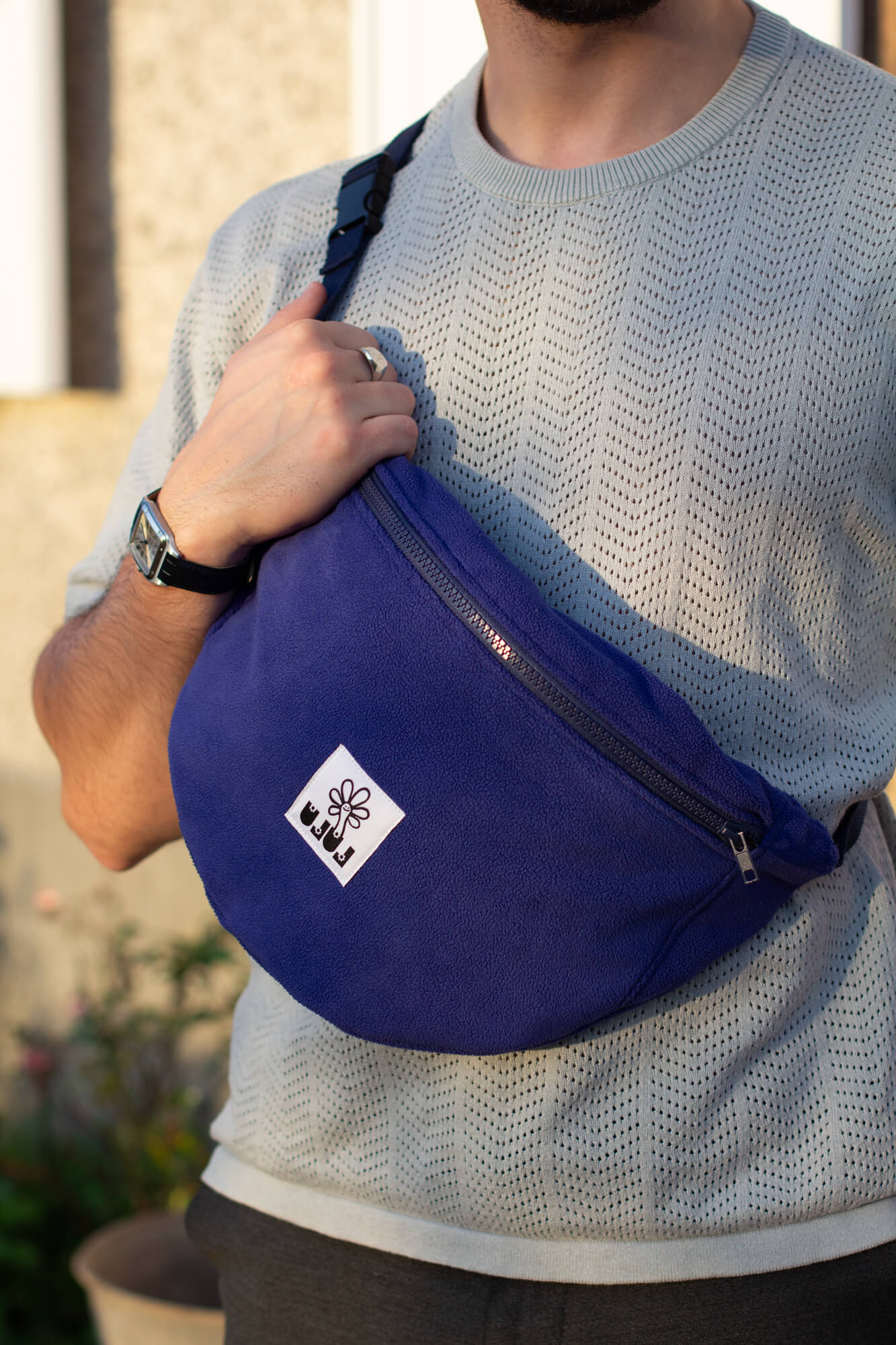 Grand sac banane polaire bleu