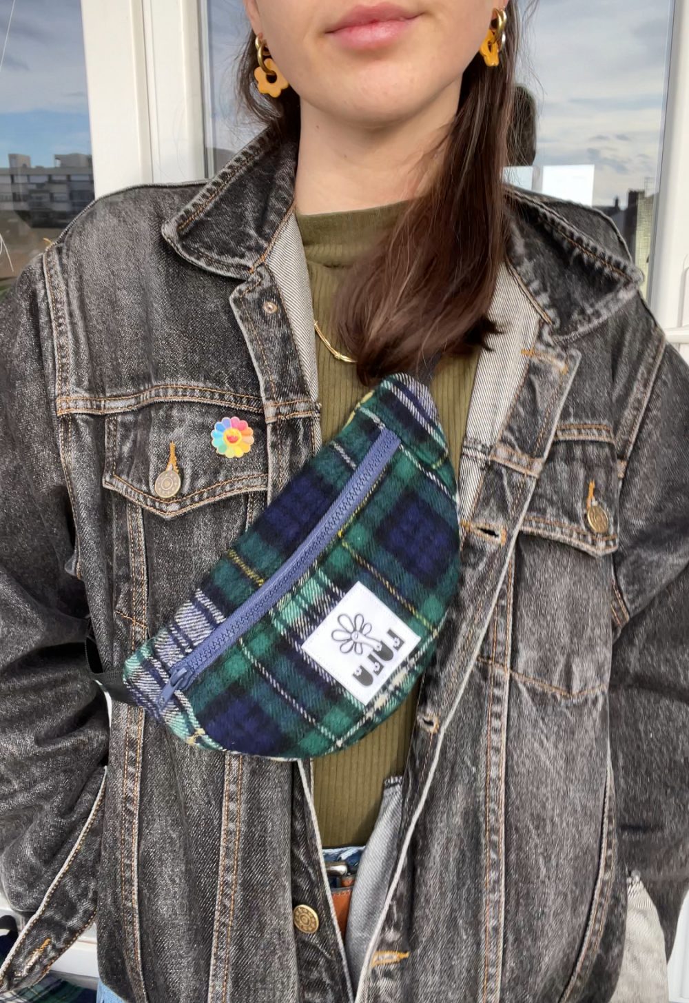 Sac baby banane tartan vert