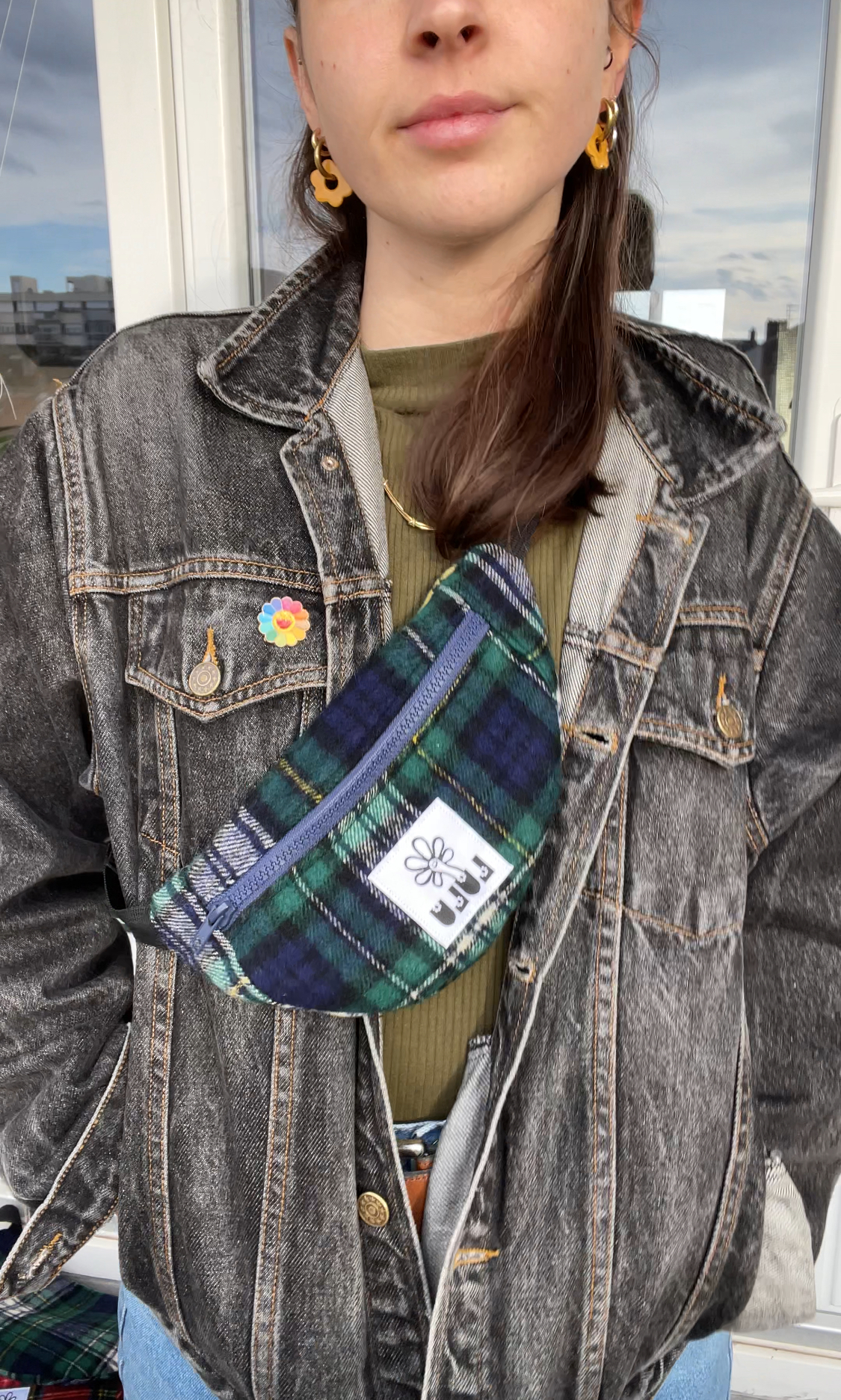 Sac baby banane tartan vert