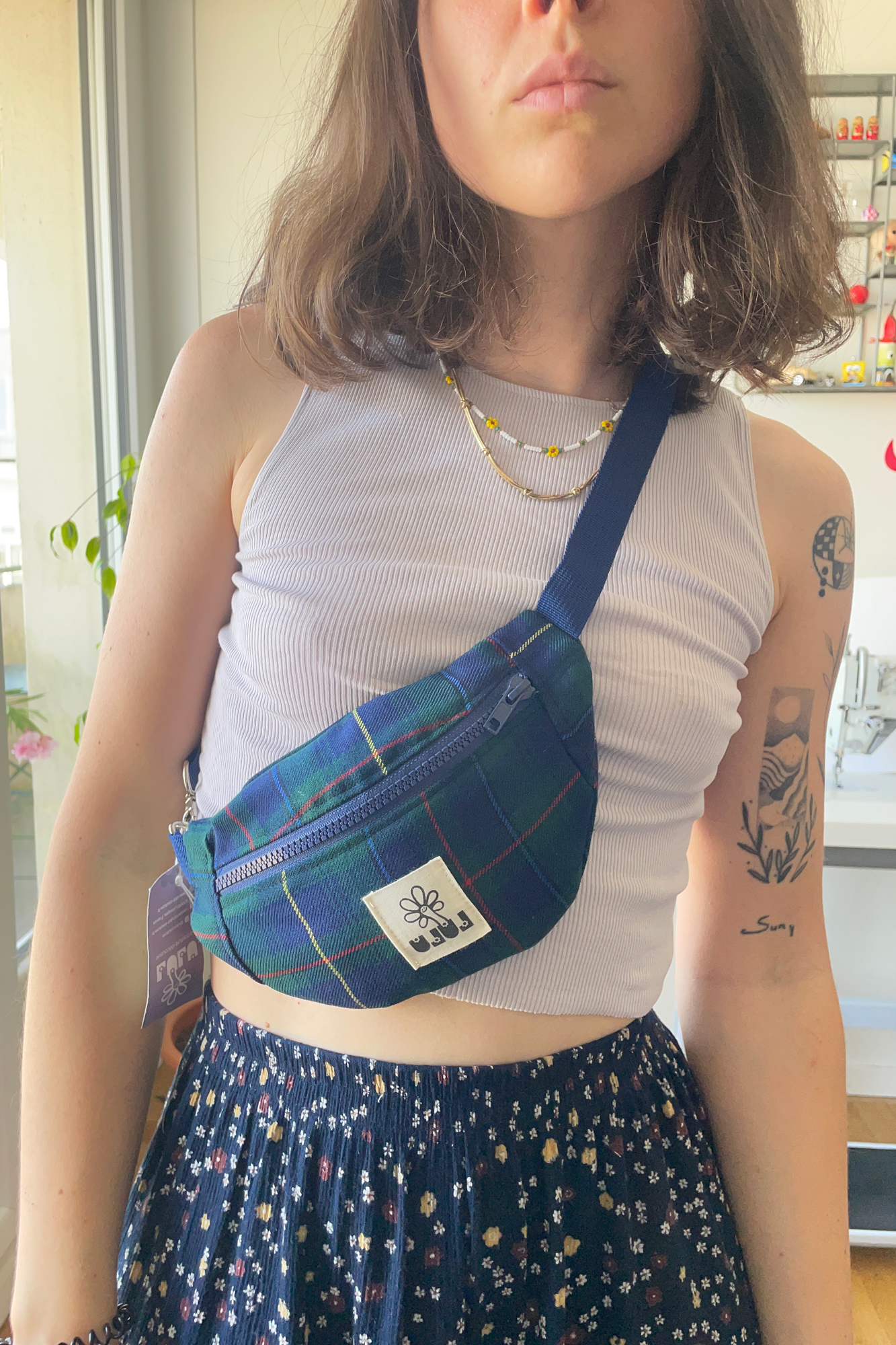 La baby banane tartan à carreaux bleu